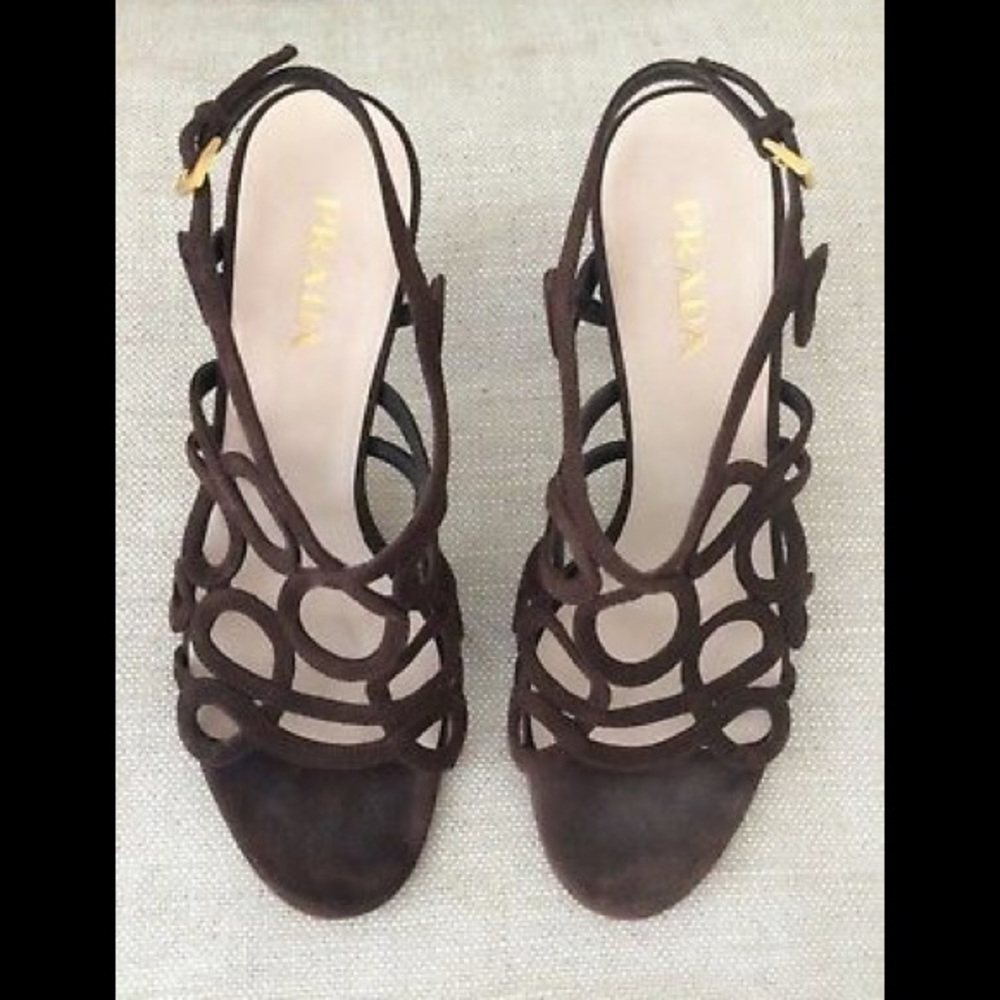Prada Heels Caged Strappy Brown Suede Sandals EUC - Picture 3 of 8